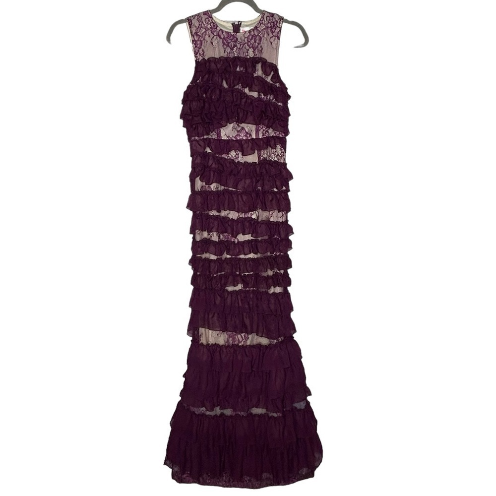 NWT L’ATISTE By Amy Purple Lace and Ruffle Mermaid Gown - Picture 2 of 15